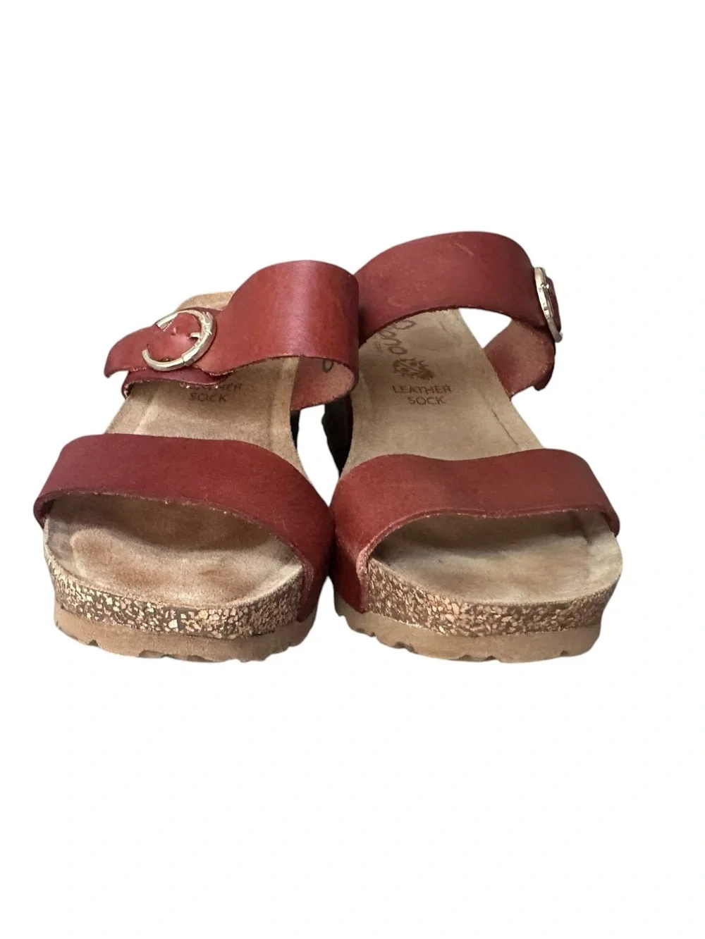 Yokono Rust Red Leather Cork Wedge Sandals Double Straps Size 9